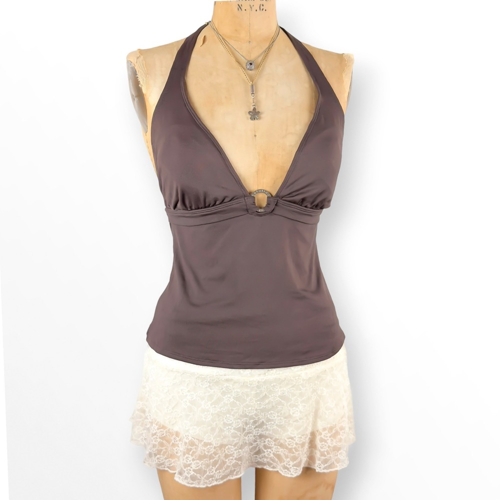 Y2K Ring Halter Top Tankini Brown Deep V-Neck Beachy Coconut Girl Size L